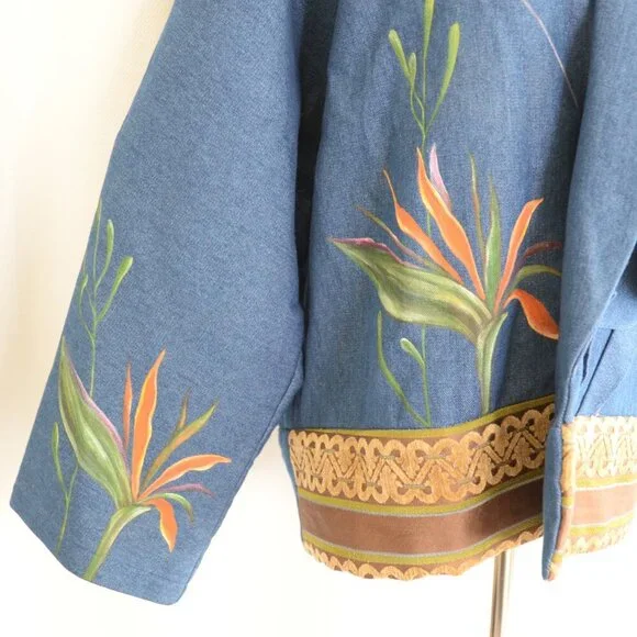 Handmade One of a Kind Denim Asymmetric Handpainted Ruffle Jacket Sz S-L - Picture 6 of 6